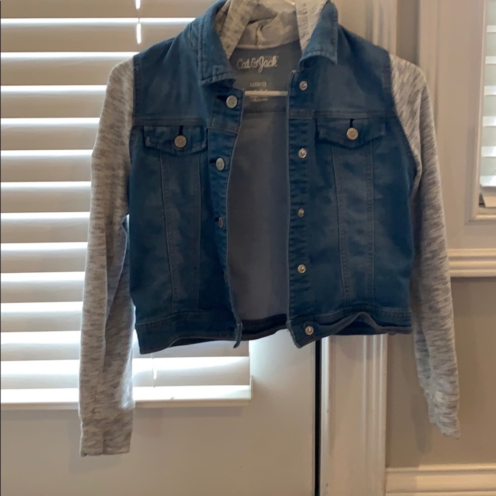 Cute jean jacket with cat on hood